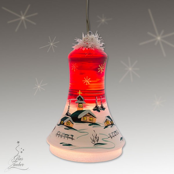 Große beleuchtete Glocke aus Glas - Höhe 18 cm - Weihnachtsrot